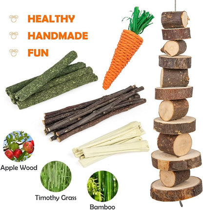 Rabbit Toys Bunny/Guinea Pig Toys Natural Timothy Hay Hamster for Teeth Handmade Chews and Treats Apple Wood Sticks Chinchilla Rat